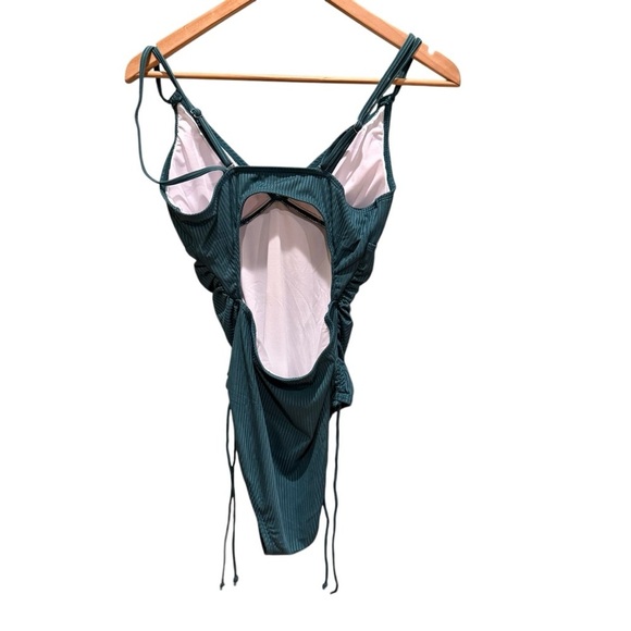 Teal Strappy One-Piece Swimsuit Womens Ruched V Neck Tie Side Size Medium - Picture 6 of 13